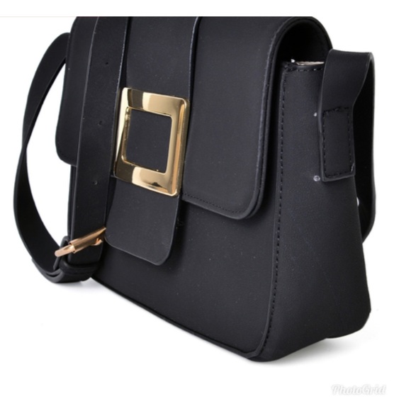 Handbags - Black Faux Leather Fold Over Buckle Sling Bag